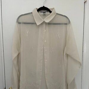 Embroidered sheer button down shirt